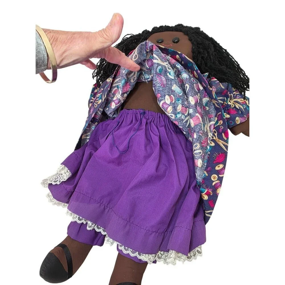 Handmade 90/00s 26″ African American Cloth Rag Doll Yarn Hair Folk Art Vtg Style